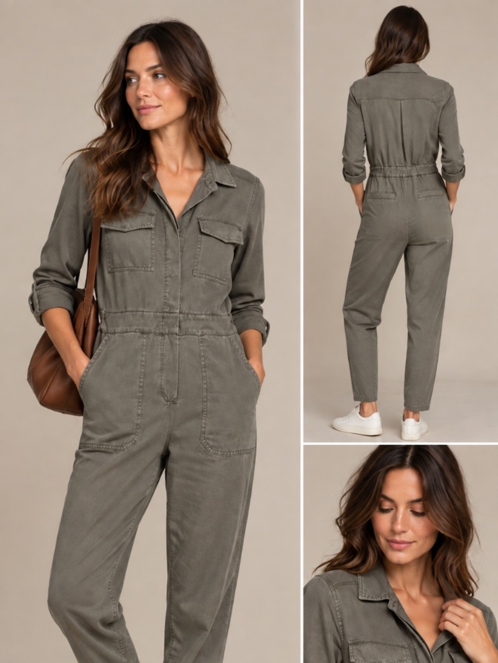 Marine Layer Charlie Utility Jumpsuit Olive Gray Long Sleeve XS